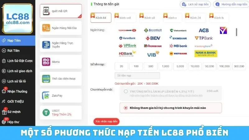 Một số phương thức nạp tiền LC88 phổ biến